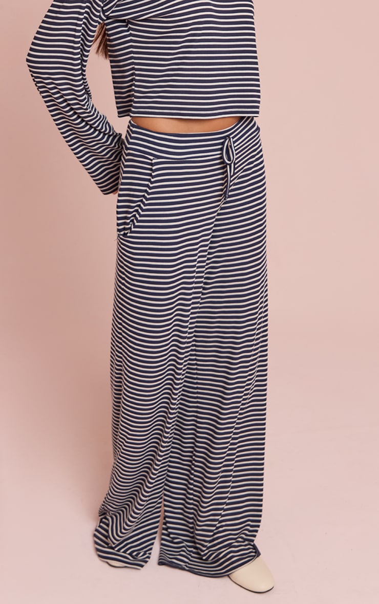 Navy Ribbed Striped Drawstring Wide Leg Pant image 2