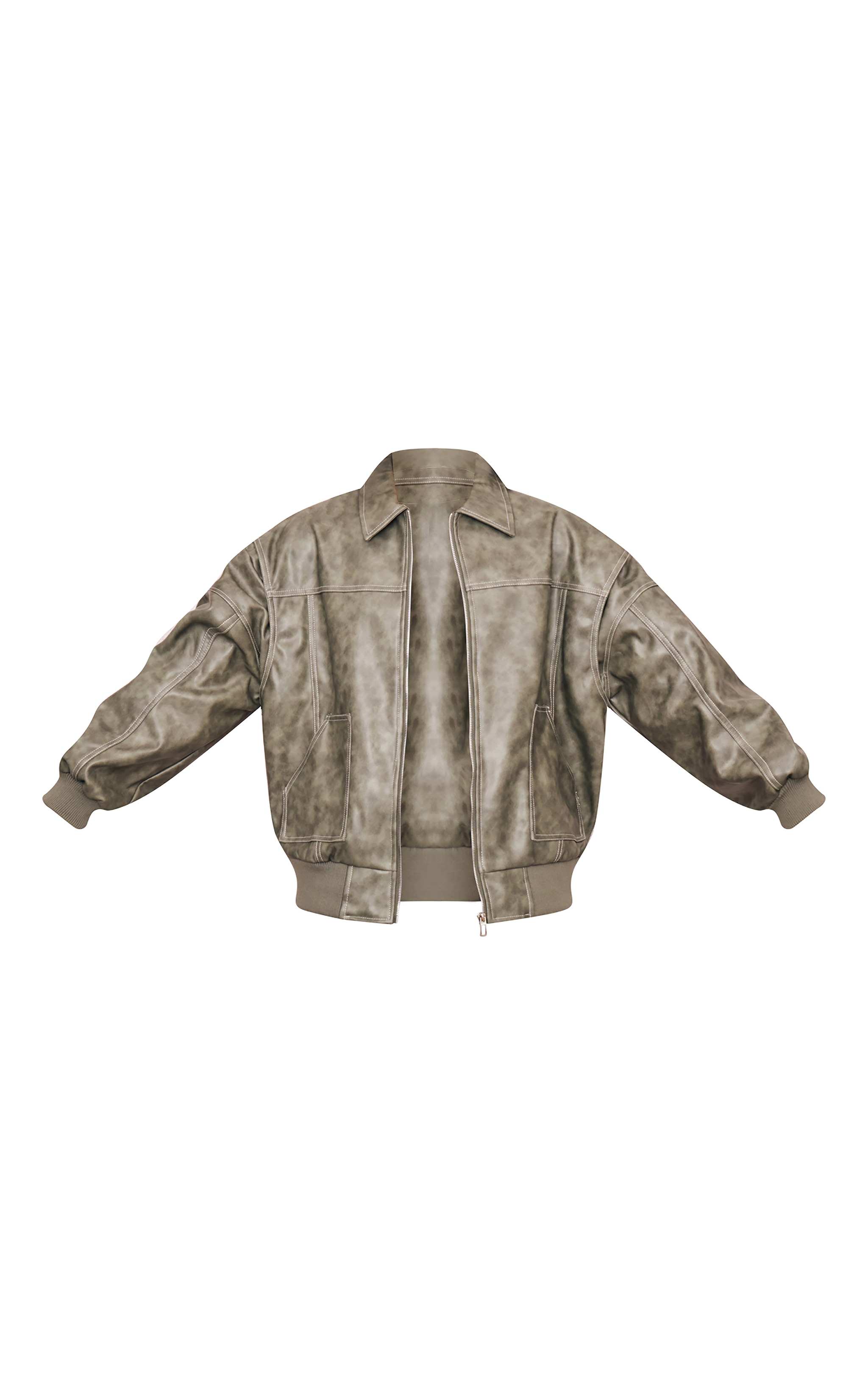 Washed Green Distressed Faux Leather Oversized Longline Bomber Jacket image 5