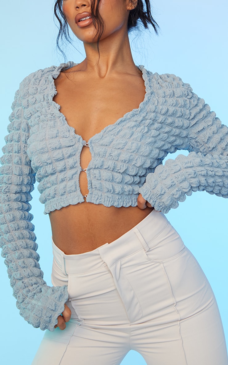Dusty Blue Textured Woven Hook And Eye Crop Top image 4