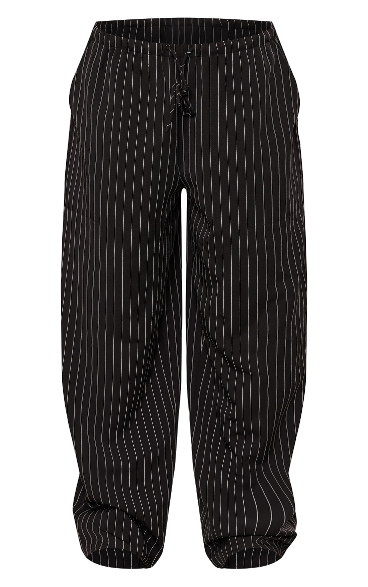  Black Pinstripe Woven Drawstring Waist Low Rise Relaxed Trousers image 5