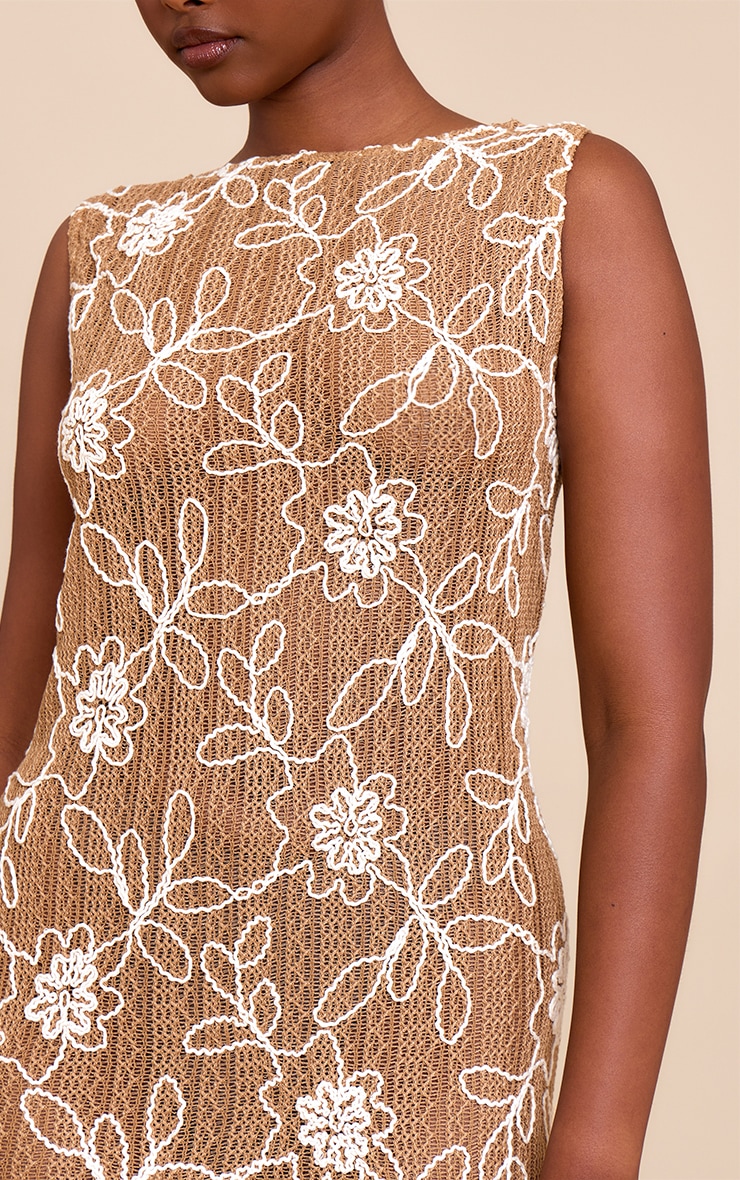 Tan Textured Floral Boat Neck Shift Dress image 4