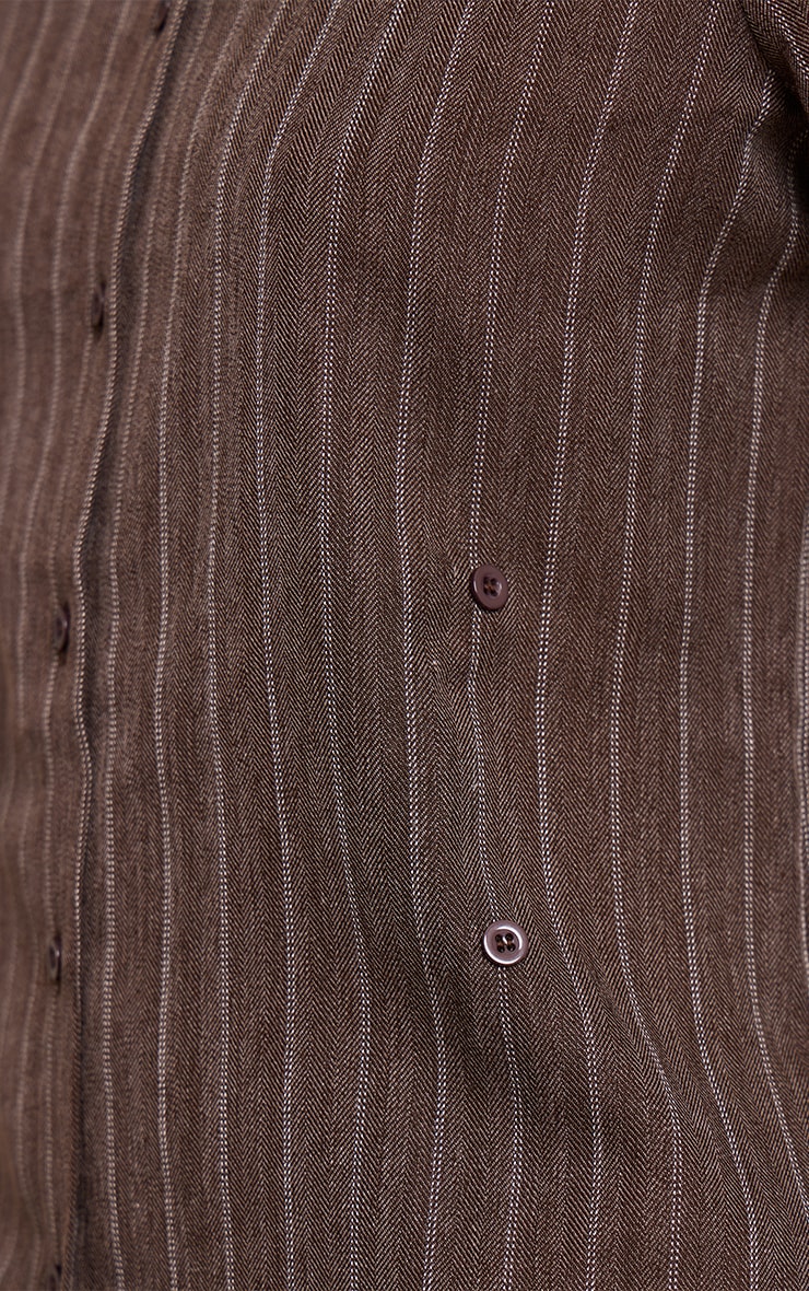 Brown Pinstripe Woven Asymmetric Button Shirt image 4
