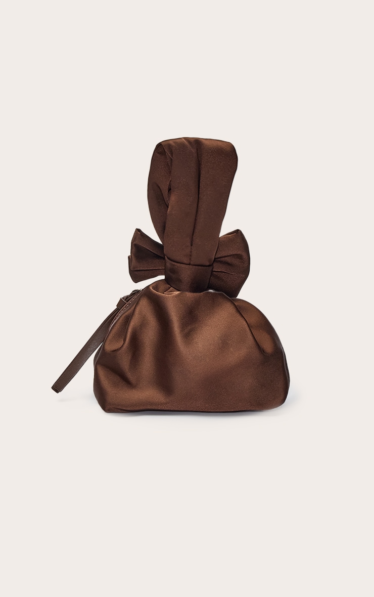 Chocolate Satin Bow Detail Clutch Bag image 4