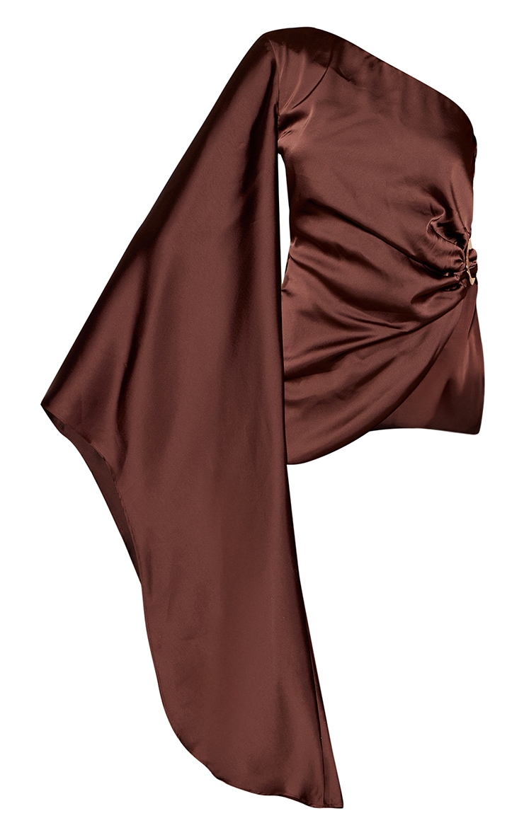 Dark Brown Satin One Sleeve Trim Detail Top image 5