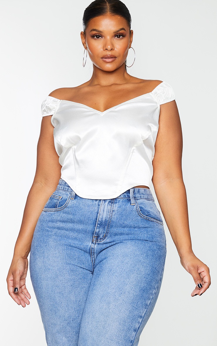 Plus White Satin Bardot V Neck Corset