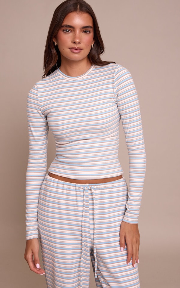 Light Blue Striped Soft Fleece Long Sleeve Top