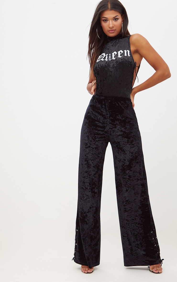 Black Velvet Lace Up Hem Wide Leg Trousers PrettyLittleThing
