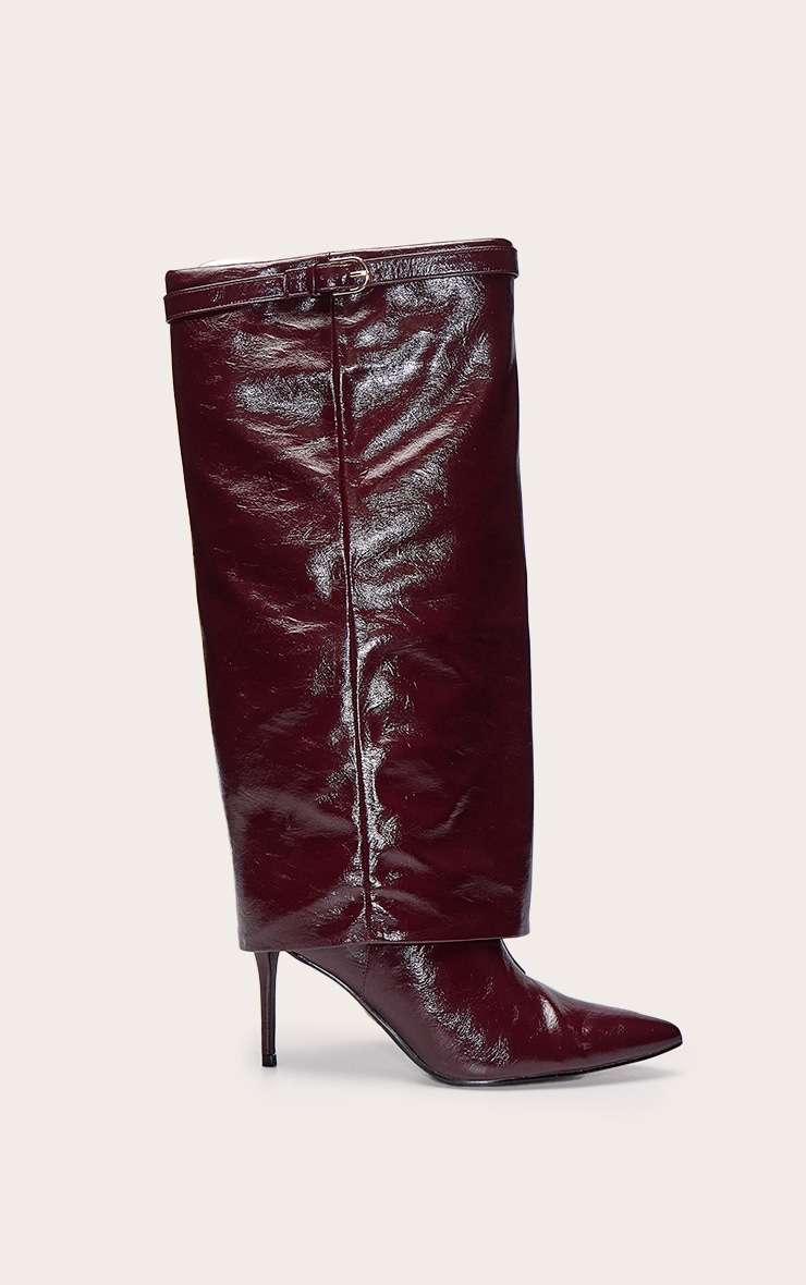 Burgundy Crinkle Fold Over Heeled Knee High Boot image 2