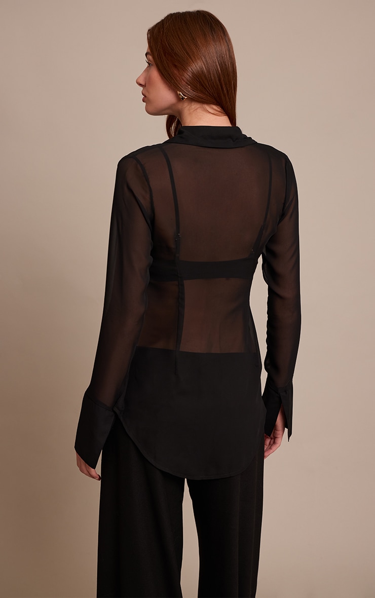 Black Chiffon Oversized Collar Button Down Fitted Shirt image 2