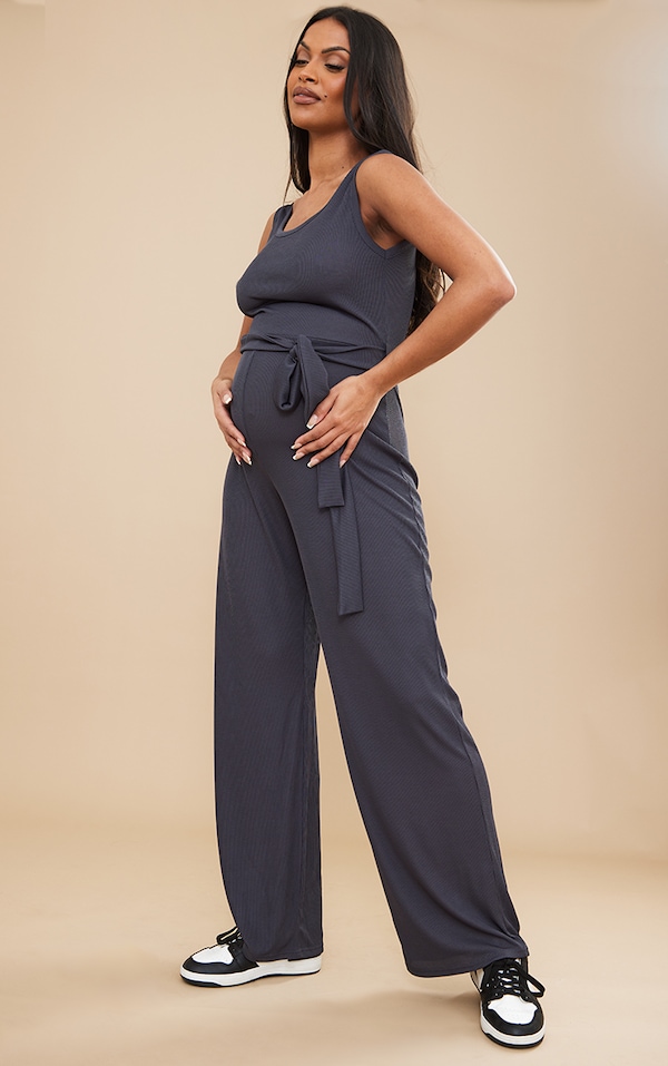 Maternity Charcoal Ribbed Flared Jumpsuit PrettyLittleThing USA