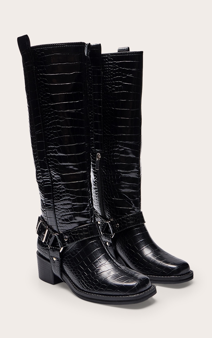 Black Croc Patent Buckle Detail Knee High Boots image 3