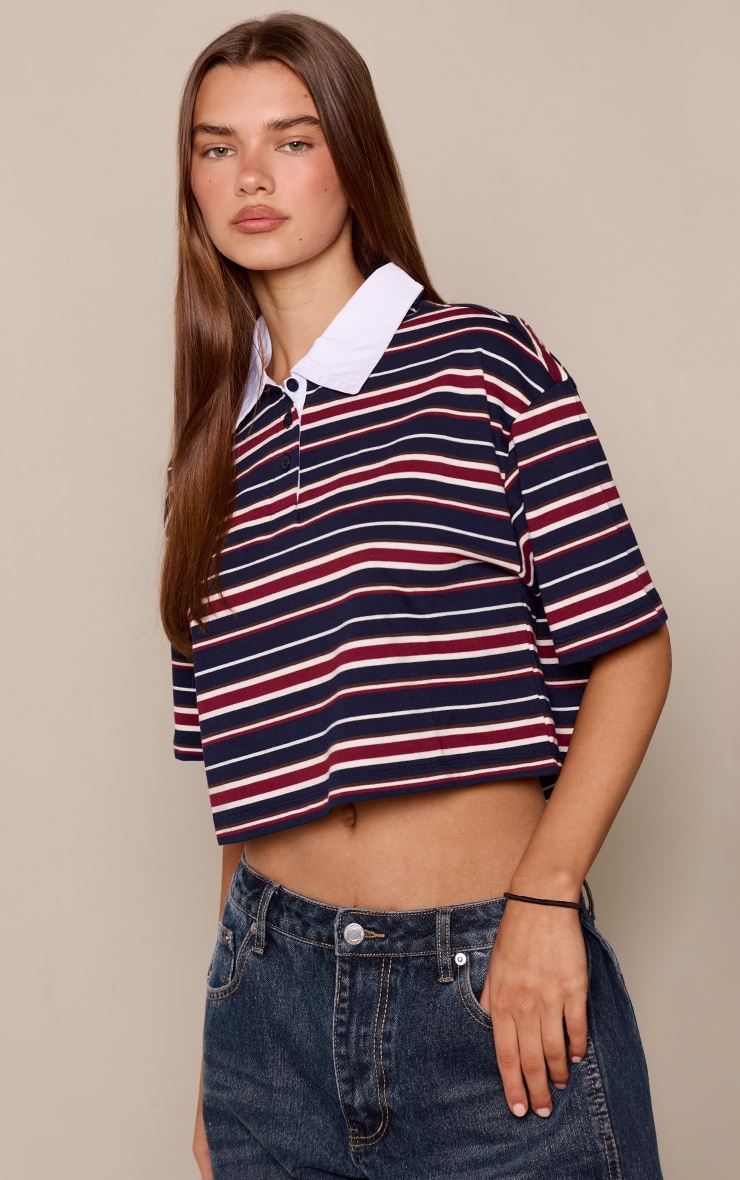 Navy Striped Cropped Collar Detail Short Sleeve T-Shirt