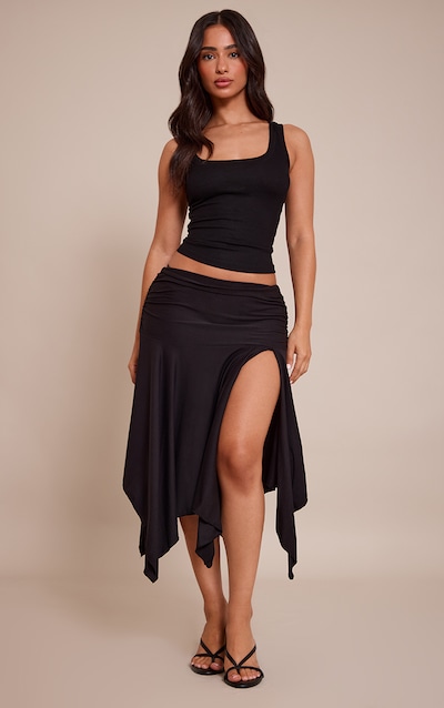 Petite Black Soft Touch Ruched Asymmetric Midi Skirt