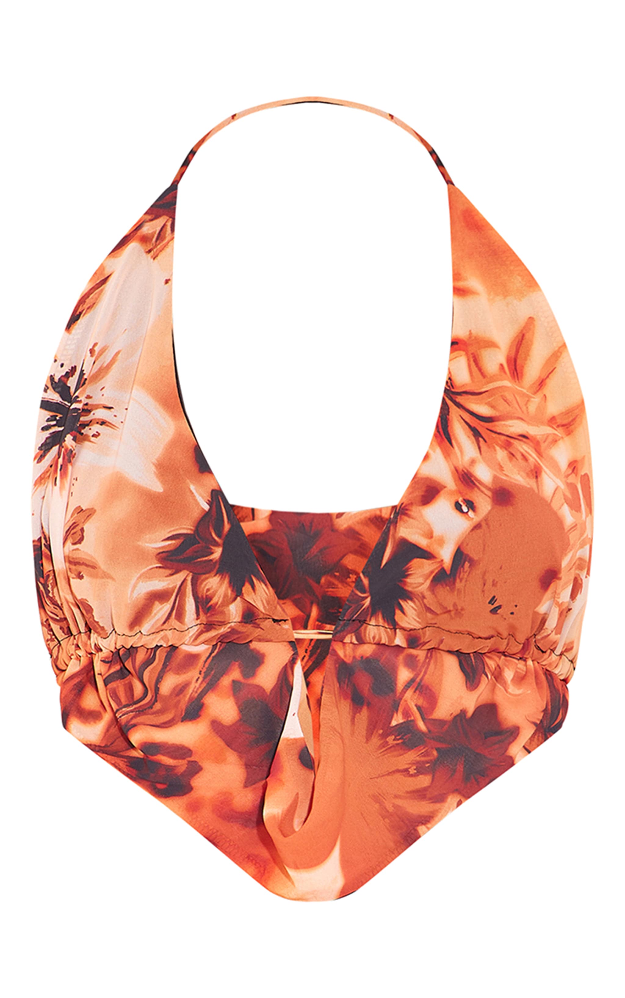 Brown Floral Animal Print Chiffon Drape Ruched Backless Halterneck Top image 1