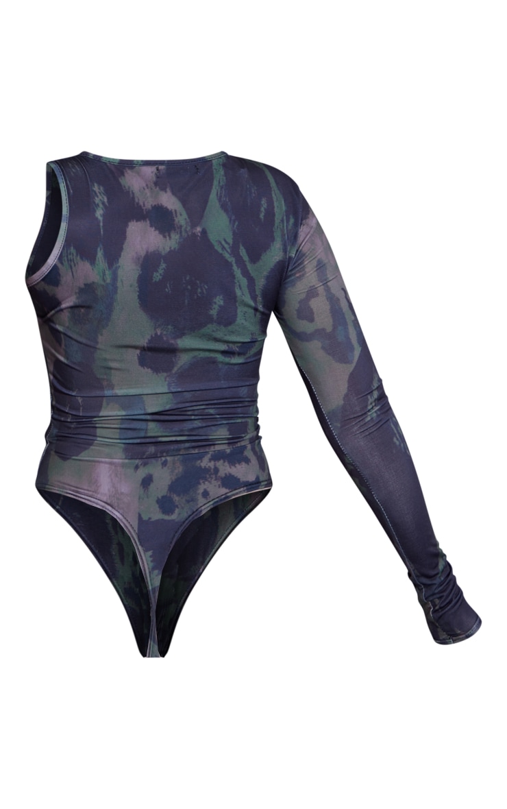 Dark Green Printed Soft Touch One Shoulder Bodysuit image 6