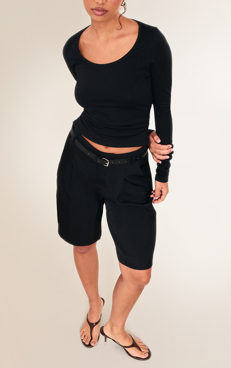 Black Cotton Scoop Neck Fitted Long Sleeve Top | Tops