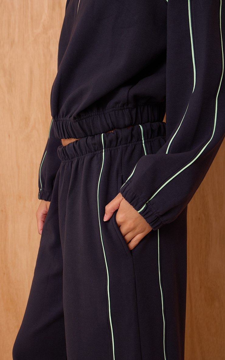 Navy Interlock Contrast Piping Wide Leg Sweatpants image 4