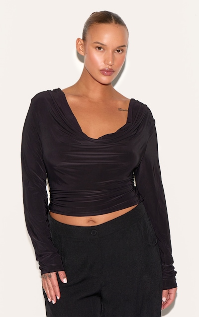 Plus Black Cowl Neck Long Sleeve Slinky Top