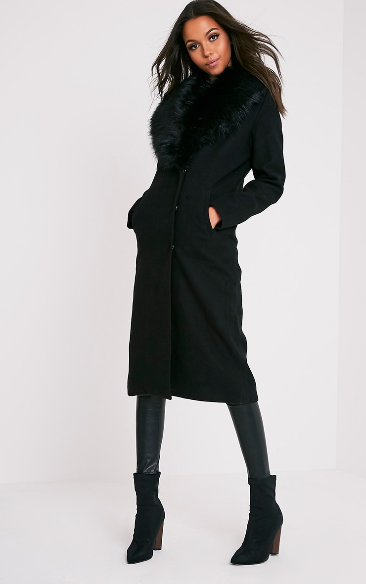 Black Faux Fur Collar Double Breasted Coat PrettyLittleThing AUS