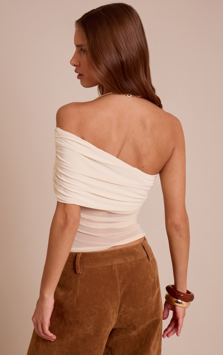 Cream Mesh Panel Detail Asymmetric Long Top  image 2