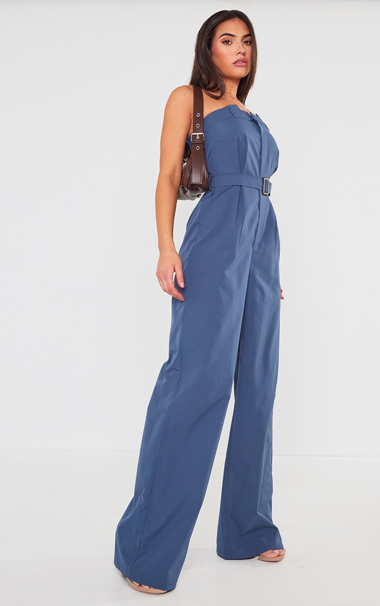 Dark Blue Woven Belted Bandeau Wide Leg Jumpsuit image 3