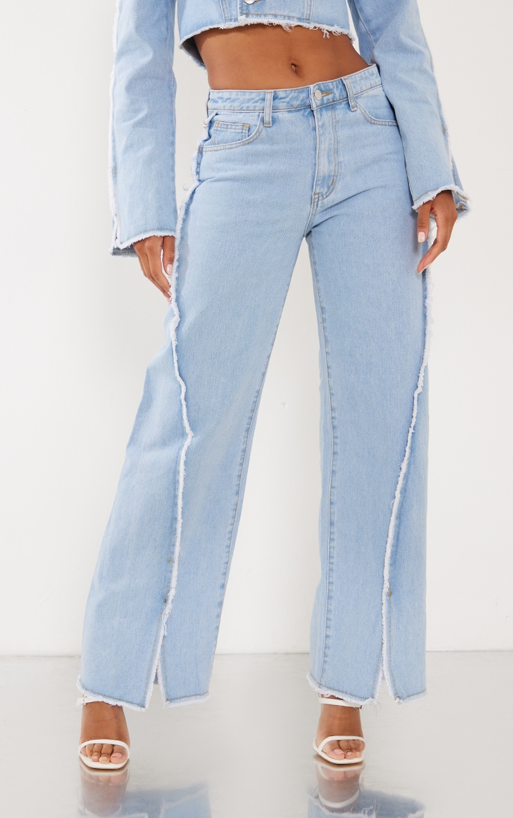 Light Blue Wash Distressed Detailing Split Hem Wide Leg Jeans image 2