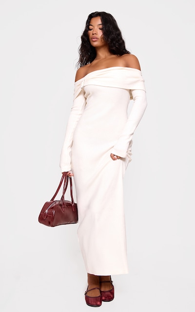 Cream Heavy Brushed Rib Bardot Trim Maxi Dress