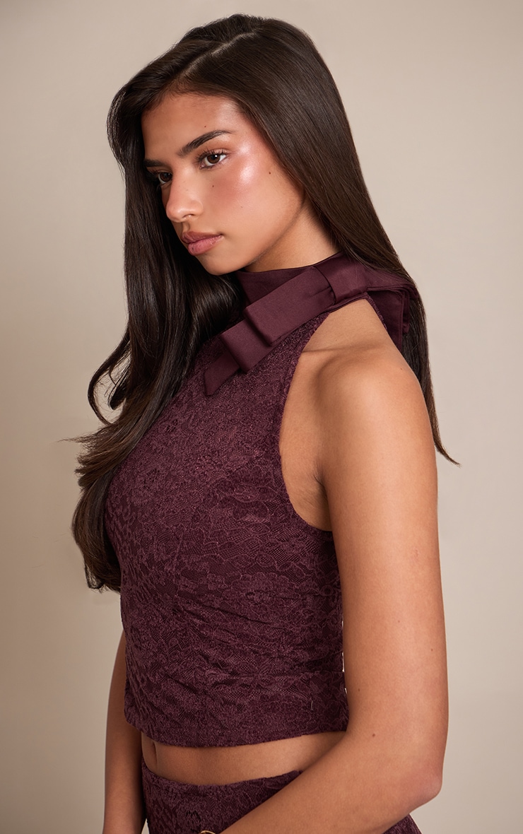 Dark Wine Bow Detail Lace Top image 1