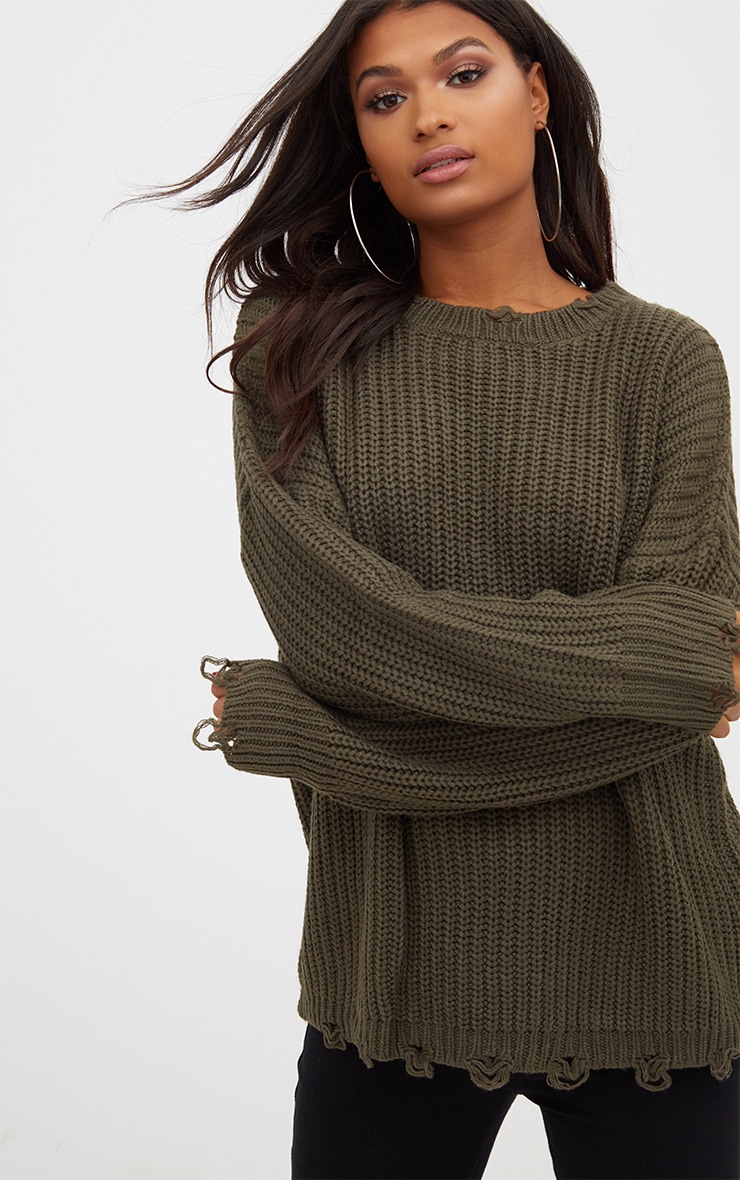 Khaki Oversized Distress Detail Jumper PrettyLittleThing