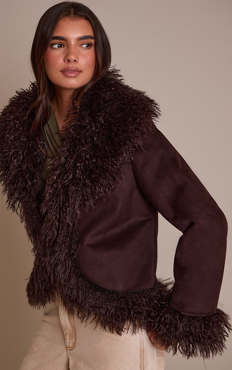 Dark Chocolate Faux Suede Trim Detail Coat image 4