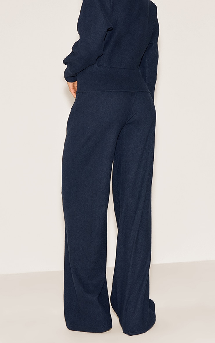 Navy Soft Ribbed Low Rise Wide Leg Pants image 3