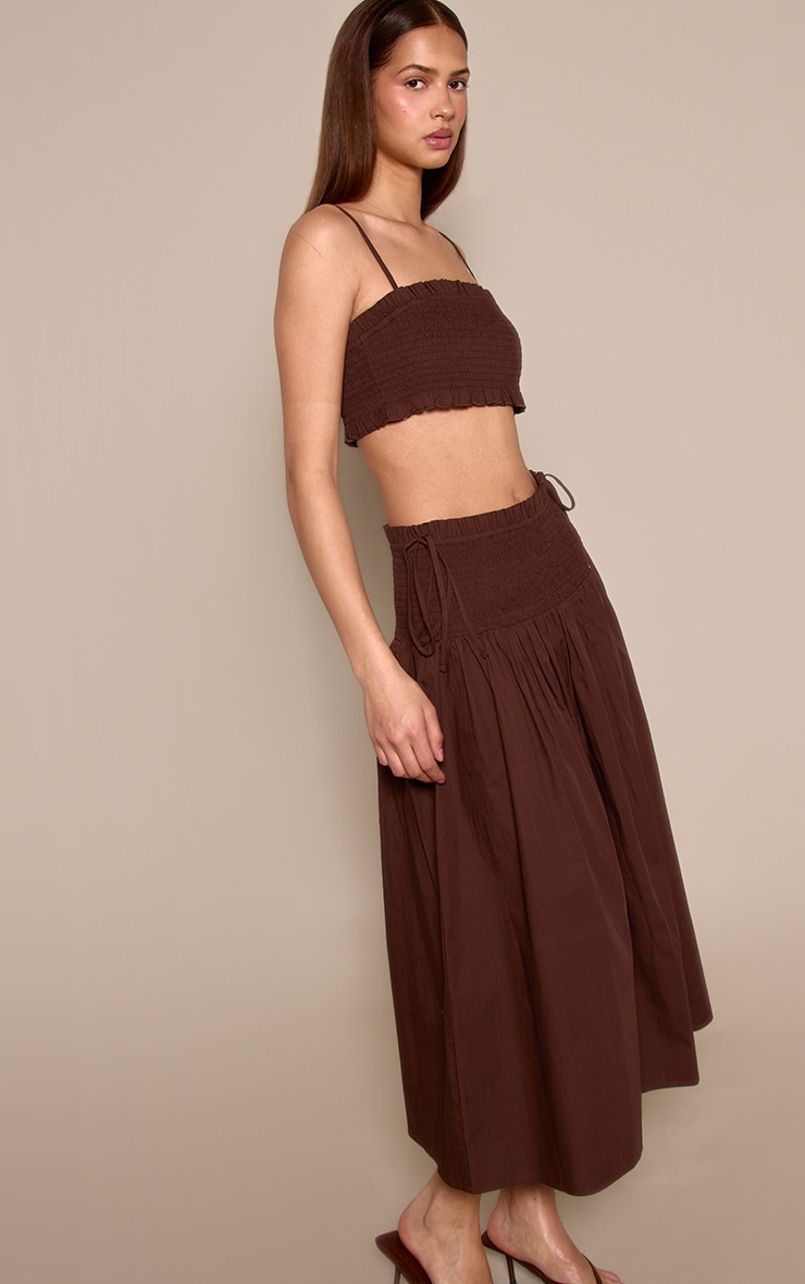 Brown Shirred Maxi Skirt