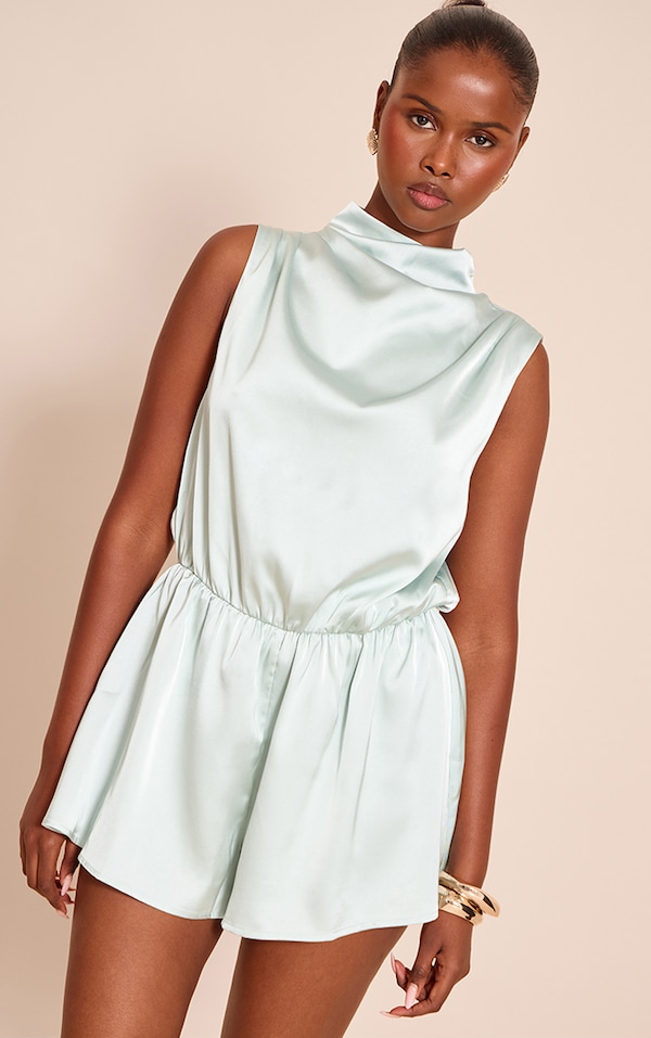 Bleu Satiné High Neck Playsuit