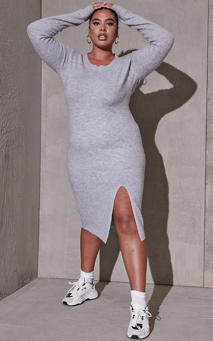 Plus Grey Recycled Split Front Knitted Midi Dress