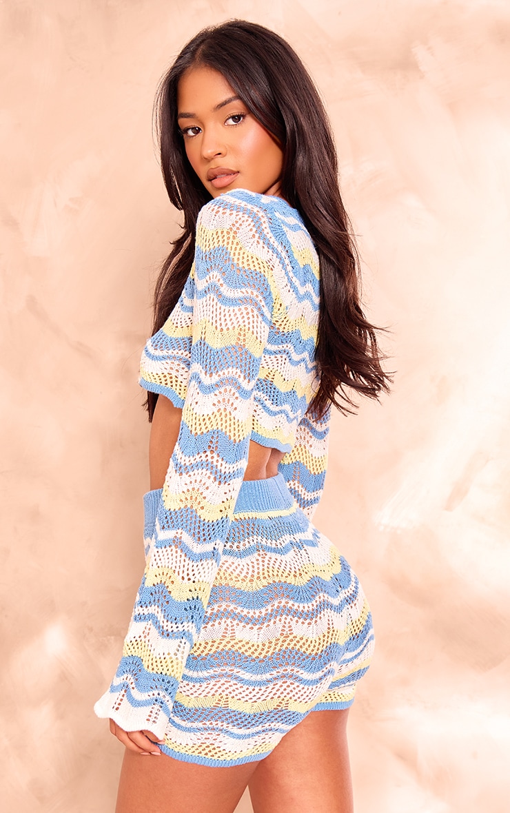 Tall Blue Open Knit Long Sleeve Crop Top image 2