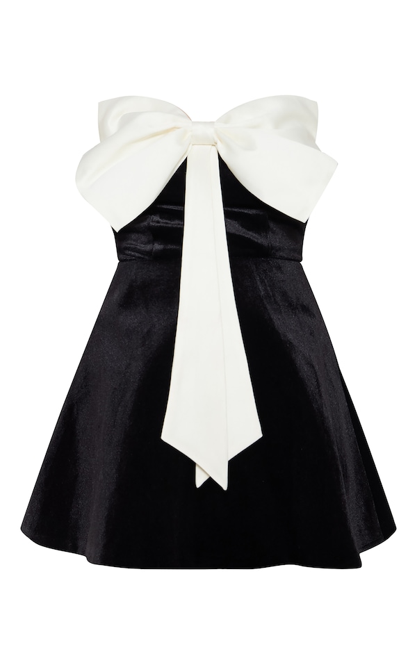 Black Velvet Contrast Extreme Bow Detail A-line Mini Dress
