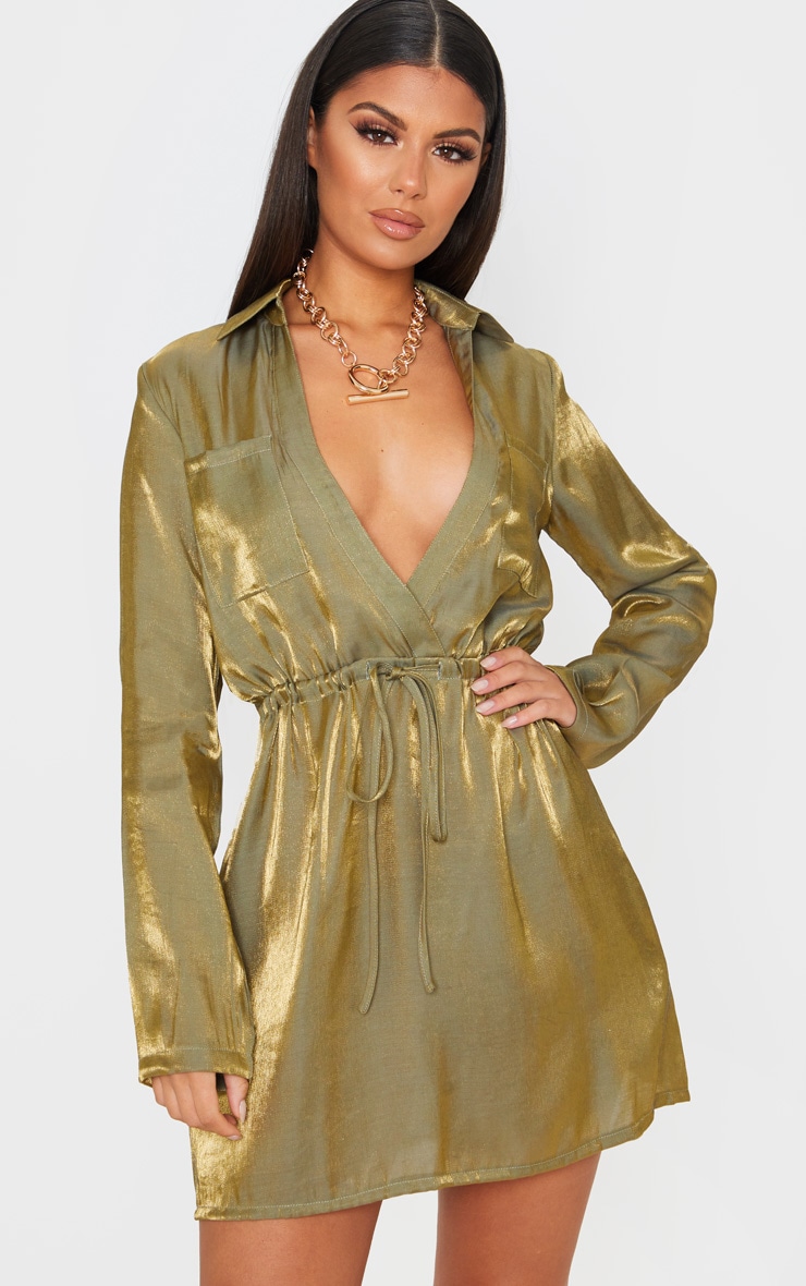 Green Metallic Iridescent Tie Waist Shift Dress