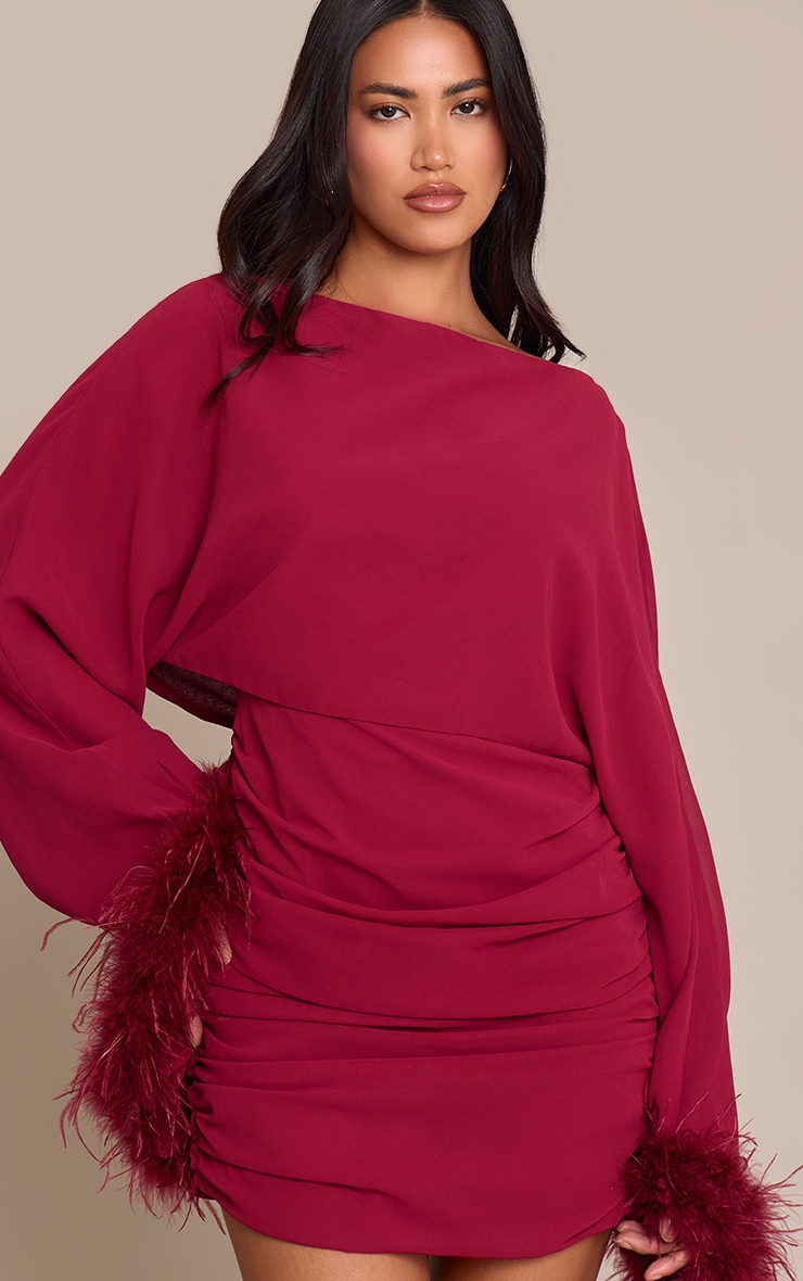 Wine Extreme Feather Cuff Ruched Bodycon Dress image 1