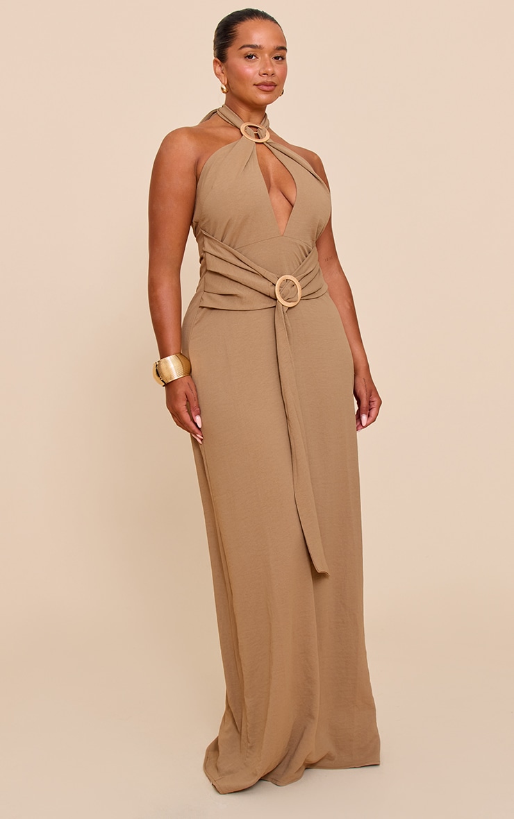 Shape Khaki Hammered Satin Ring Detail Halter Maxi Dress image 3