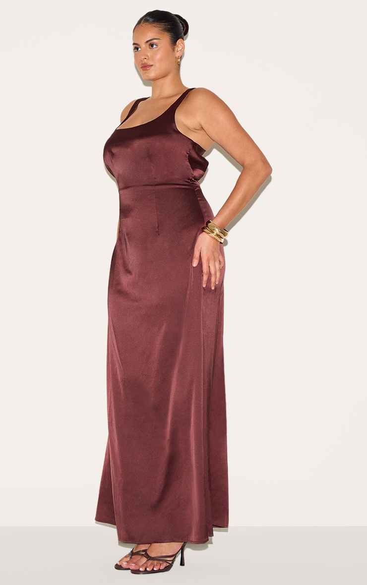 Plus Chocolate Satin Cross Back Midaxi Dress image 3