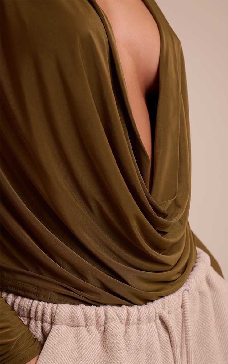 Dark Olive Slinky Cowl Wrap Detail Long Sleeve Top  image 4