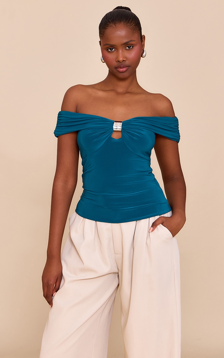 Teal Double Layer Slinky Trim Detail Bardot Long Top image 1