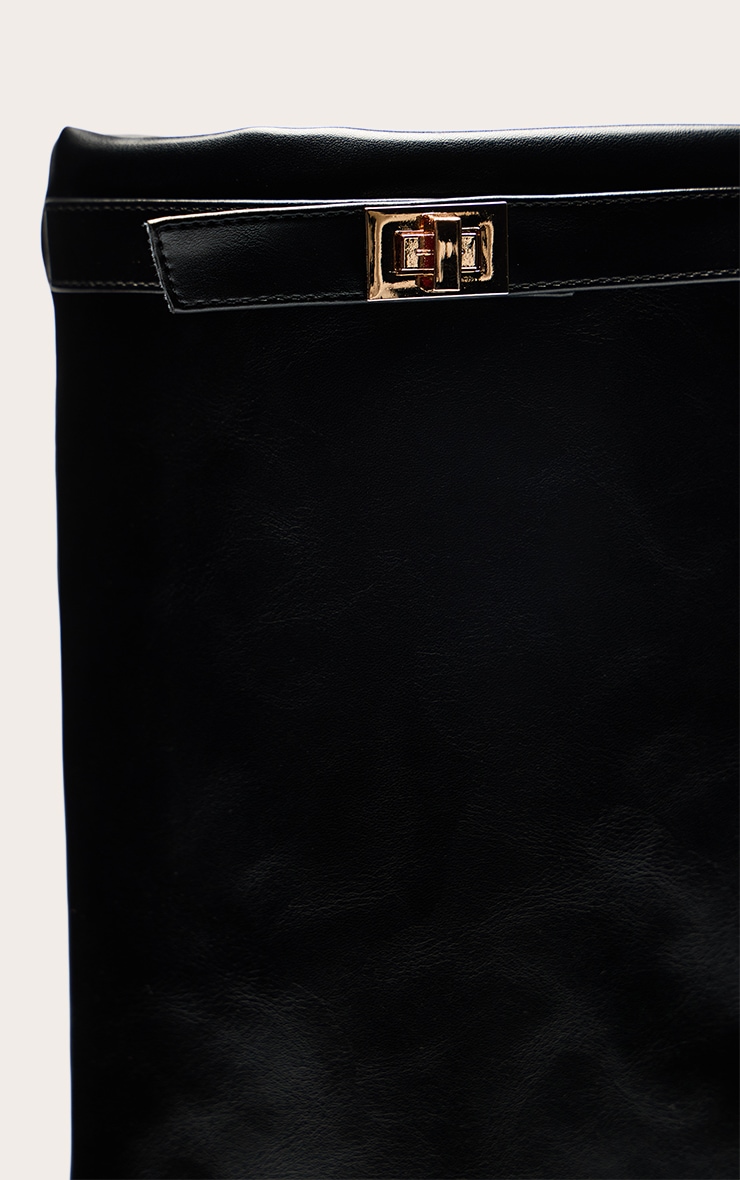 Black PU Kitten Wedge Knee High Fold Over Boots image 5