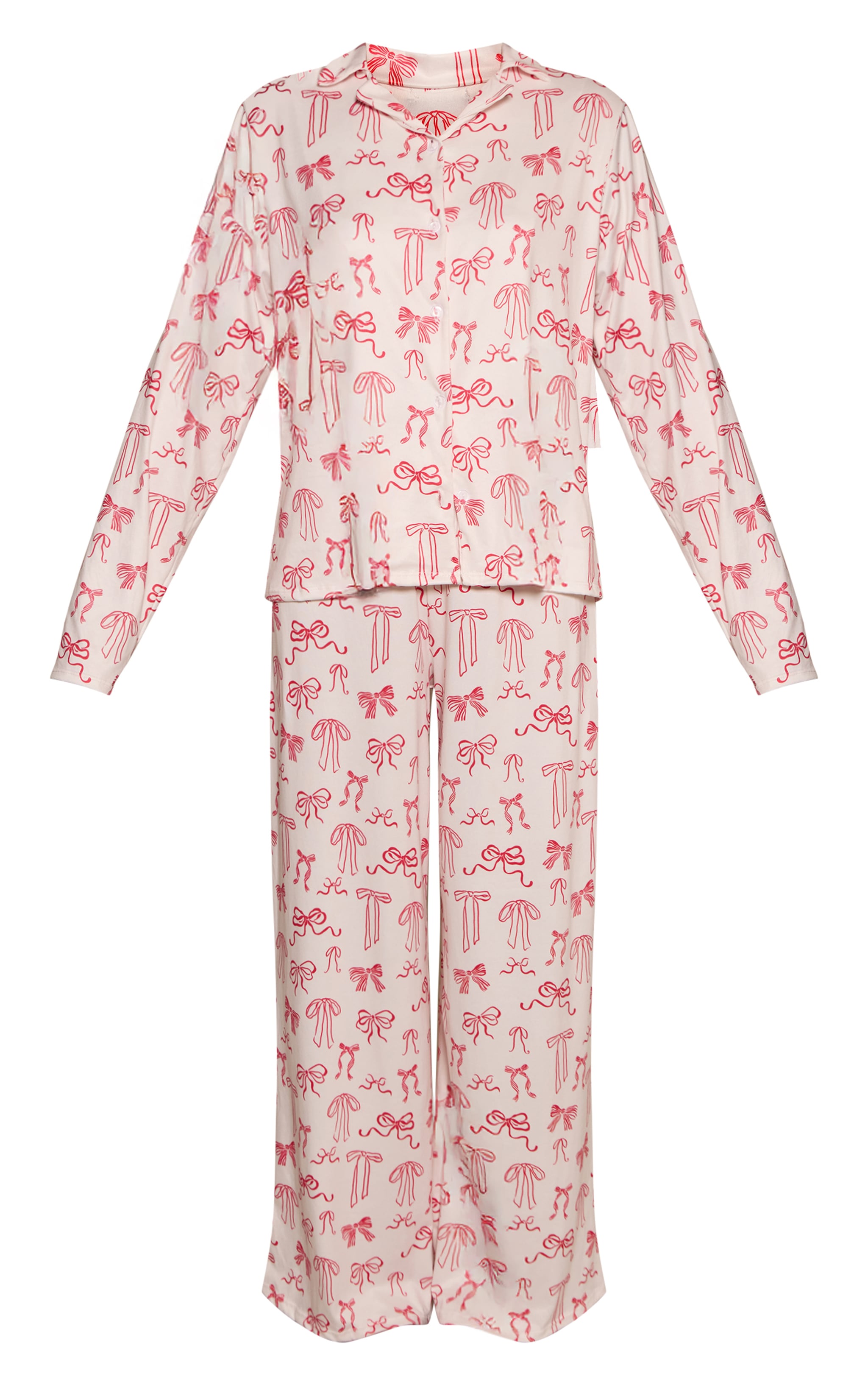 Cream Pink Bow Print Long Sleeve Button Through Pj Set image 5