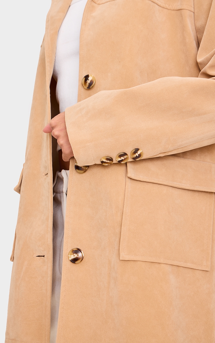 Beige Oversized Longline Faux Suede Blazer Coat image 4