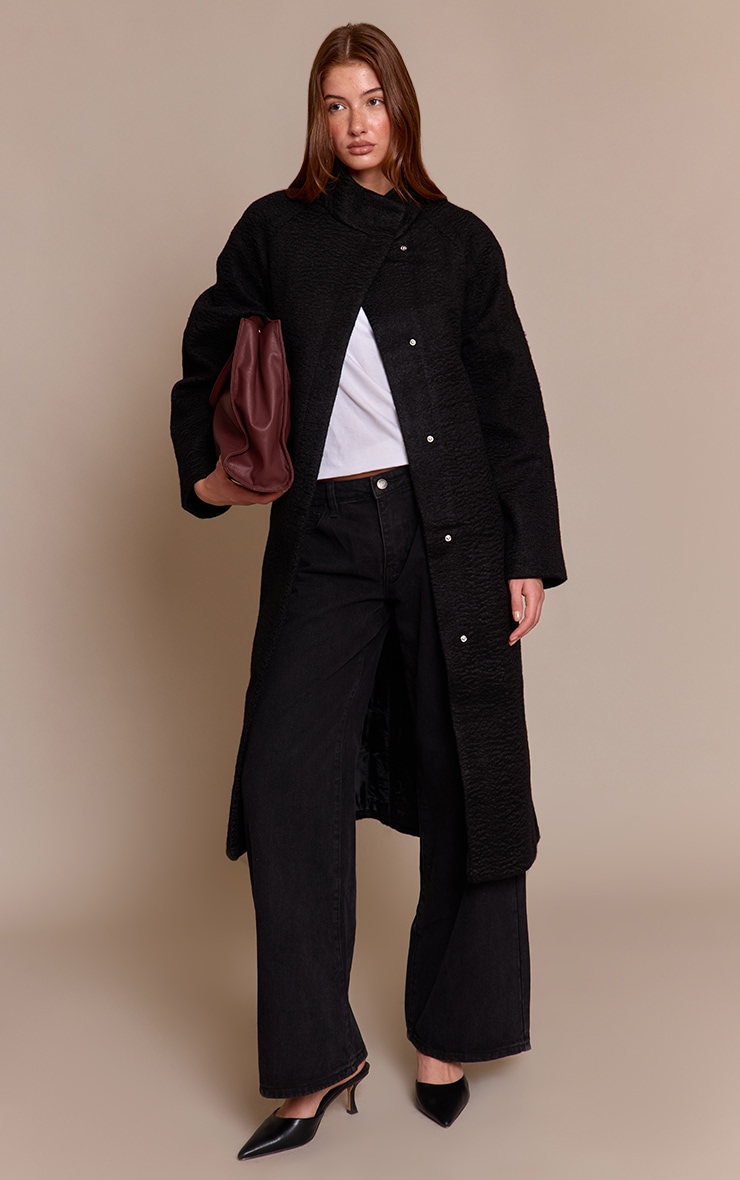 Manteau long en effet laine noir à col montant et taille nouée image 3