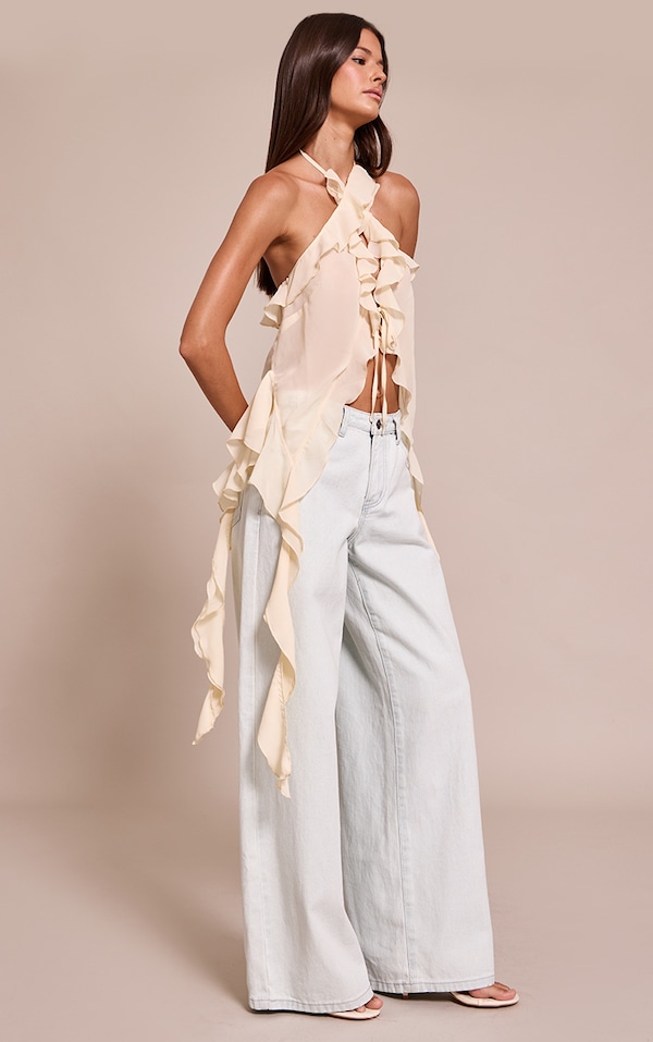 Cream Chiffon Ruffle Drape Detail Longline Top