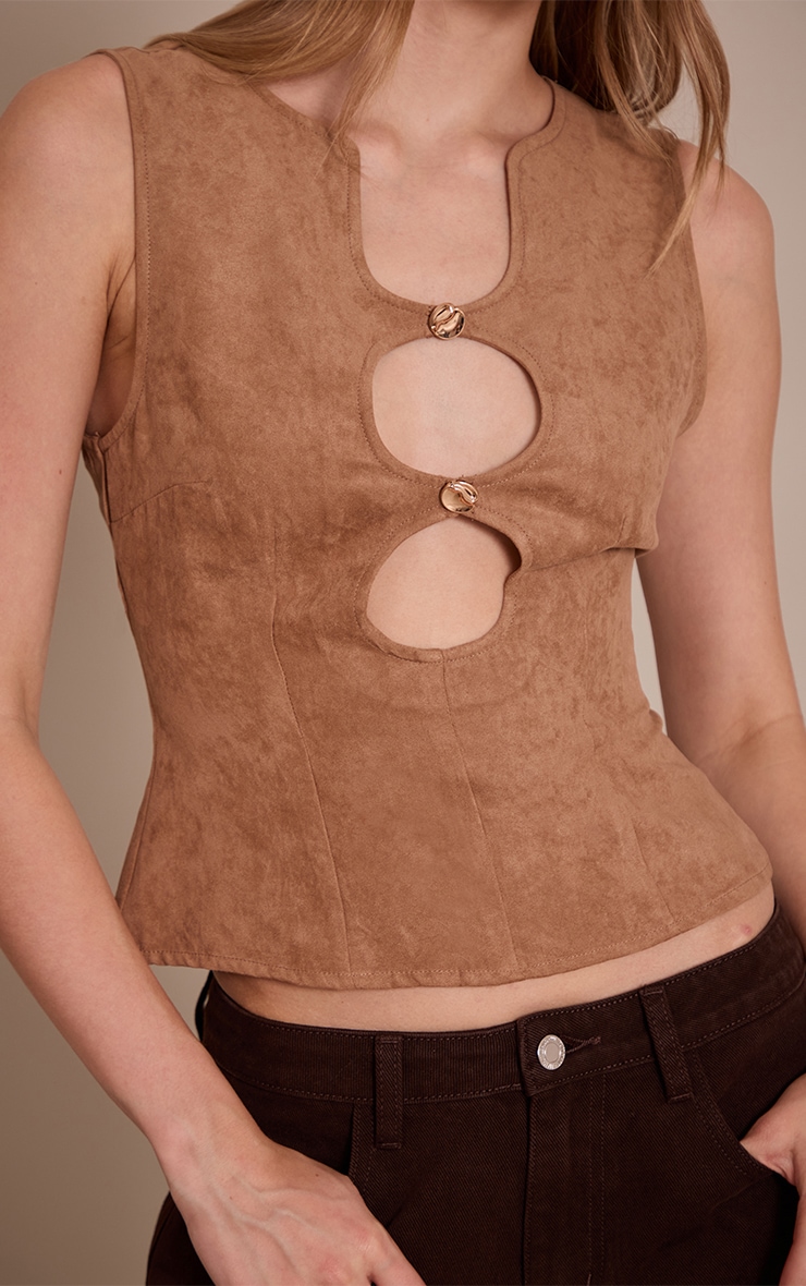 Sand Faux Suede Fitted Cut Out Long Top image 4