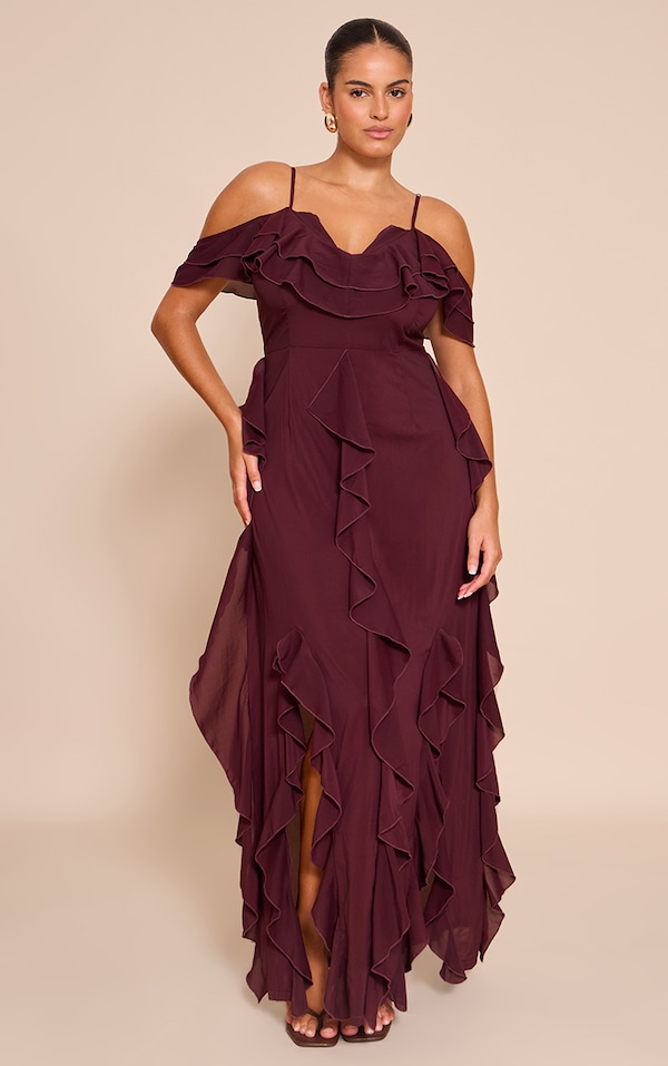 Plus Plum Cold Shoulder Ruffle Detail Strappy Maxi Dress