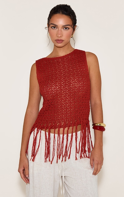 Rust Crochet Boat Neck Fringe Top